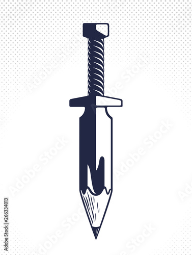 Idea is a weapon concept, weapon of a designer or artist allegory shown as sword with pencil instead of blade, creative power, vector logo or icon.