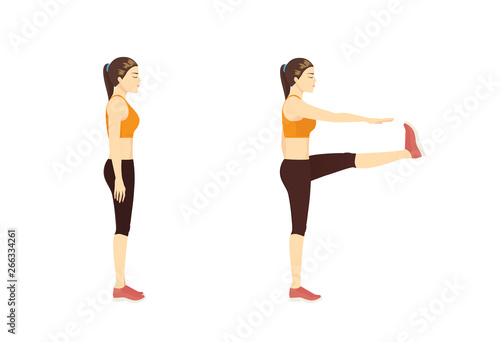 Woman doing Standing Toe Touch Stretches Exercise in 2 step. Illustration about warm up and cool down and workout.