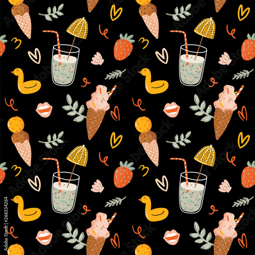 Summer seamless pattern with cute banana on blu background. 