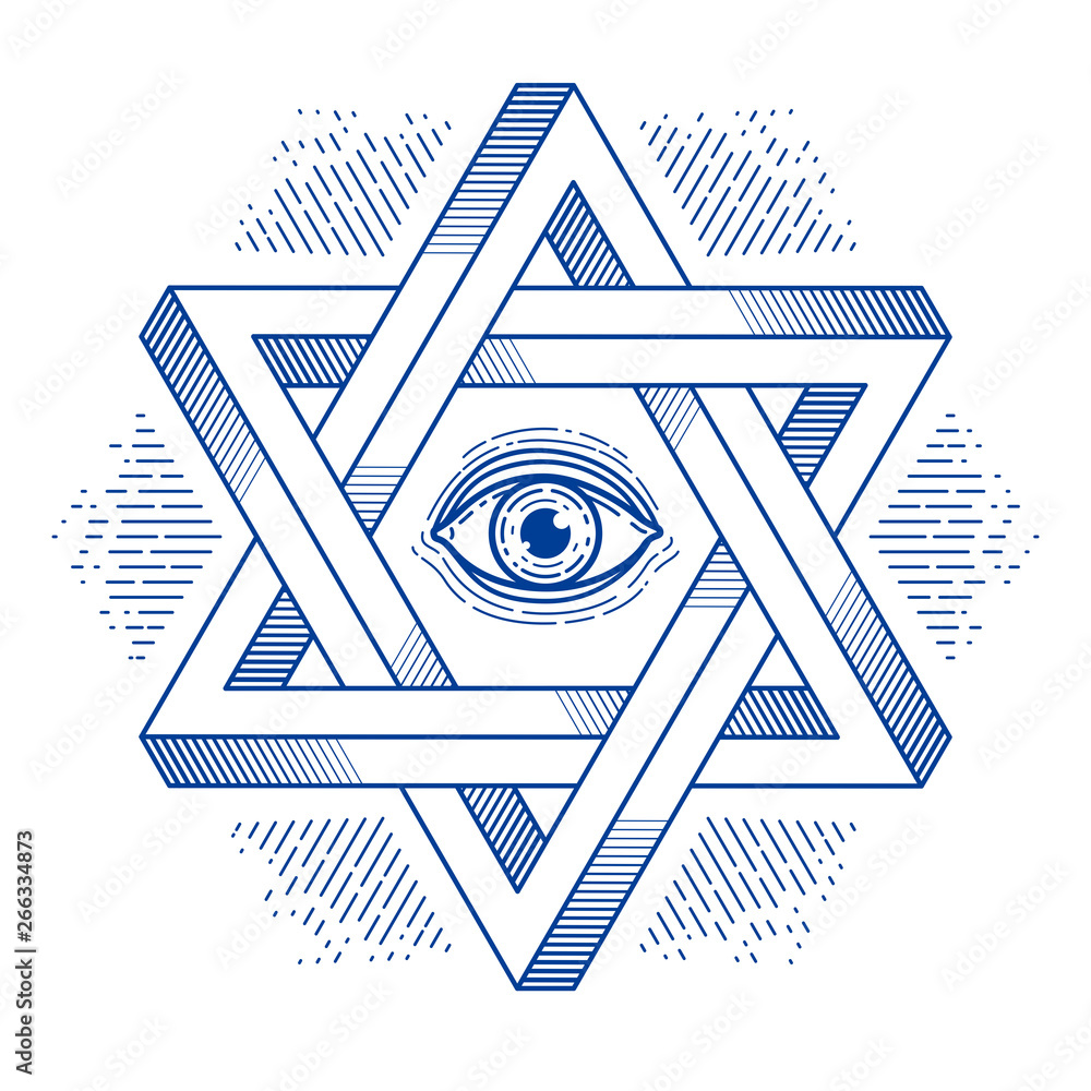 Vecteur Stock Jewish hexagonal star with all seeing eye of god sacred geometry religion symbol