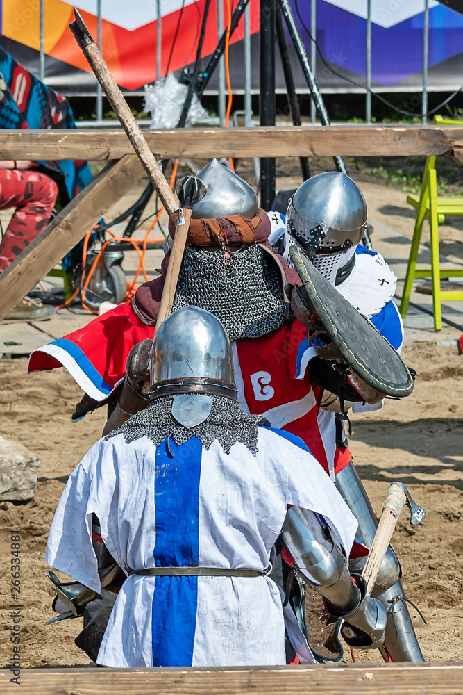 Smederevo, Serbia - May 02, 2019: The Battle of the Nations – the world championship in national historical medieval battles. Knights In Fight With Sword and ax. Fighting knights. Smederevo Fortress.