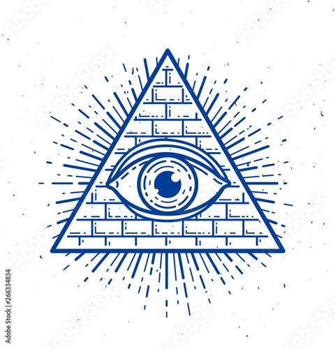 All seeing eye of god in sacred geometry triangle, masonry and illuminati symbol, vector logo or emblem design element.