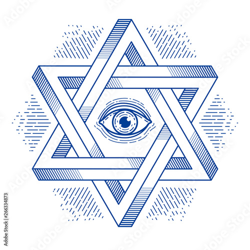 Jewish hexagonal star with all seeing eye of god sacred geometry religion symbol created from two dimensional triangles impossible shapes, vector logo or emblem design element.