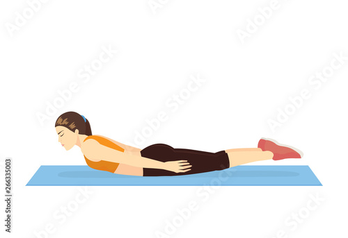 Woman doing Stretching with Salabhasana Exerciseon the floor. Illustration about Yoga pose for back muscles workout.