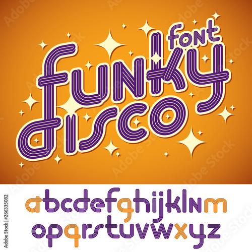 Set of vector rounded lower case funky English alphabet letters with parallel lines, can be used as logo design element for event companies.