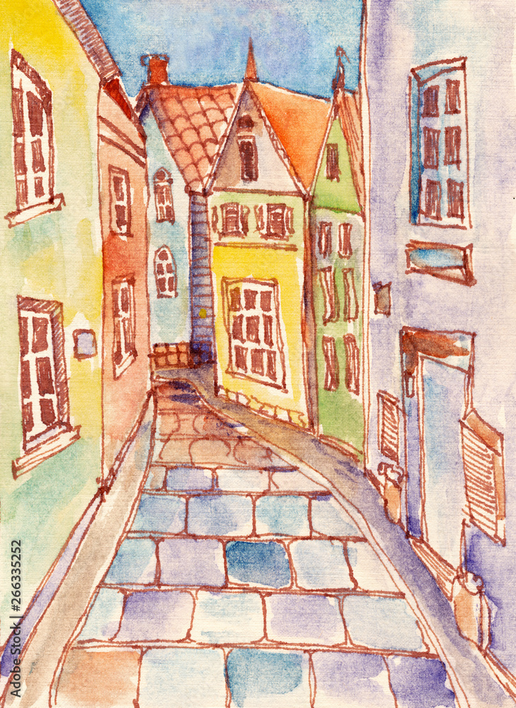 Street in old town of Tallinn. Watercolor painting