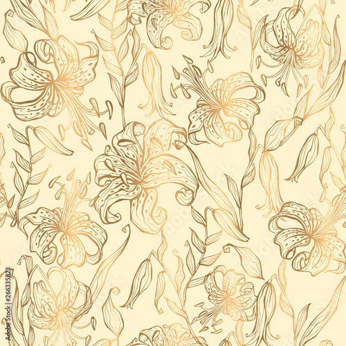 Seamless pattern.Gold lilies on a vanilla background. Vector.