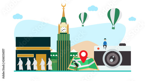travel to saudi arabia creative illustration vector of graphic , small people traveling in arab illustration vector , saudi arabia traveling vector , arab concept vector flat illustration