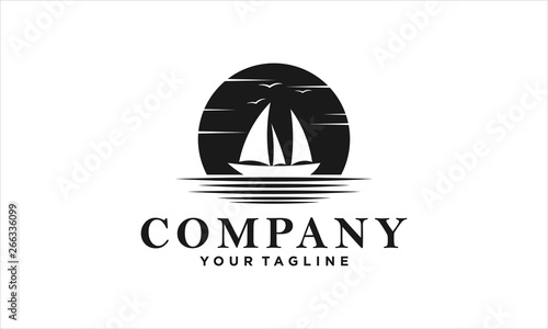 Sailing boat with ocean wave vector illustration. Retro logo design