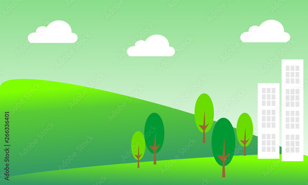 Landscape with buildings and trees.  Eco-friendly concept ideas. Concept for fresh air.Vector graphic illustration.