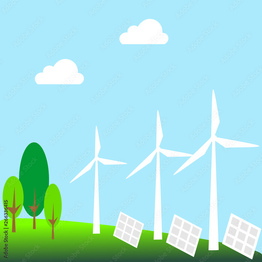 Landscape with wind turbines. Clean energy with Eco-friendly concept ideas. Vector graphic illustration. Landscape with wind turbines. Clean energy with Eco-friendly concept ideas. Vector graphic illustration.