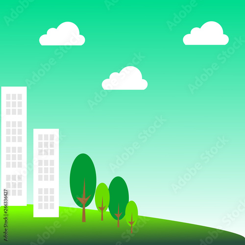 Landscape with buildings and trees. Eco-friendly concept ideas. Concept for fresh air.Vector graphic illustration.