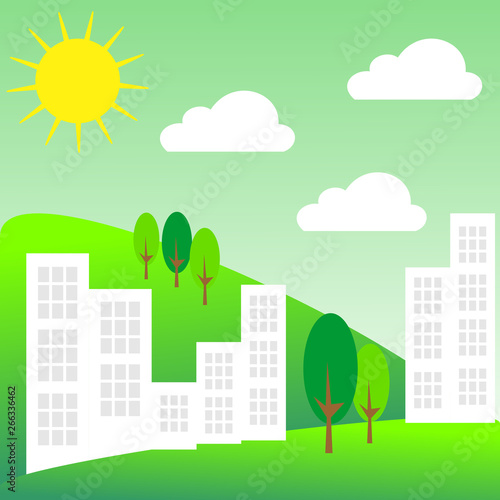 Landscape with buildings and trees. Eco-friendly concept ideas. Concept for fresh air.Vector graphic illustration.