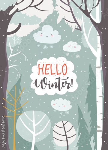 Cartoon frame with winter forest. Hello winter