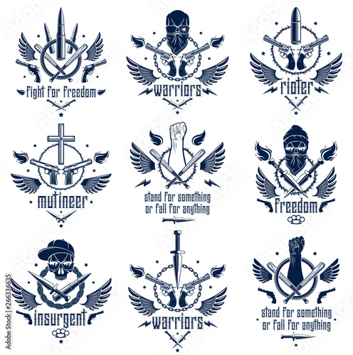 Revolution and Riot aggressive emblem or logo with strong clenched fist, aggressive skull, bullets and guns, weapons and different design elements , vector tattoo, rebel and revolutionary.