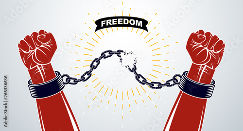 Slavery theme illustration with strong hand clenched fist fighting for freedom against chain, vector logo or tattoo, getting free, struggle for liberty.