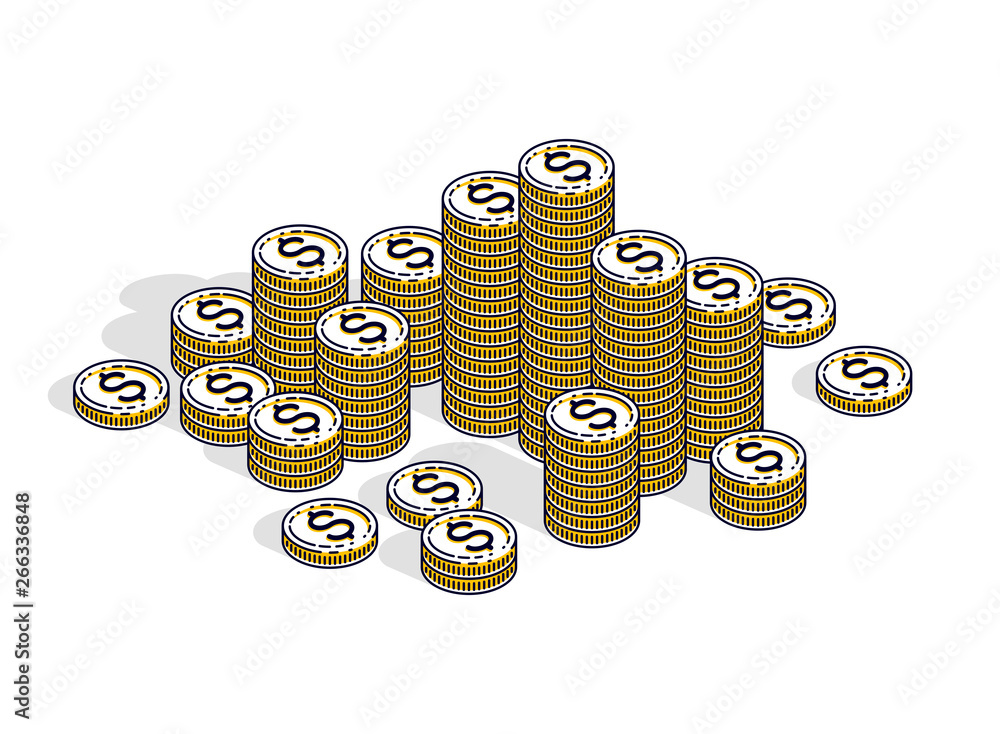 Cash money coin cent stacks isolated on white background. Vector 3d isometric business and finance illustration, thin line design. Cash money coin cent stacks isolated on white background. Vector 3d isometric business and finance illustration, thin line design.