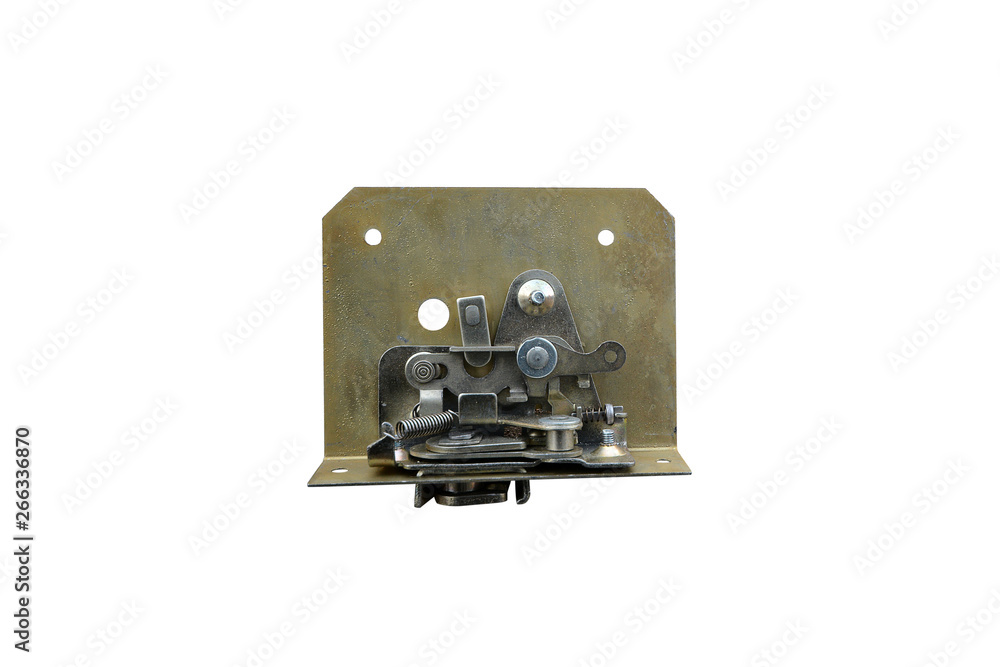 Mechanism of a car door lock isolated on a white background.