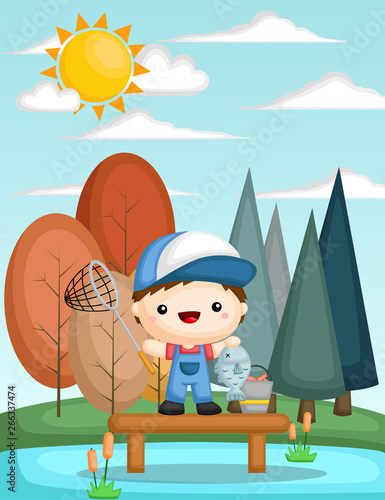 a vector of a kid fishing in a lake in the summer season