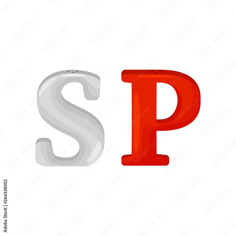 Stylish salt and pepper shakers in the form of letters S and P. Vector illustration. Stylish salt and pepper shakers in the form of letters S and P. Vector illustration.