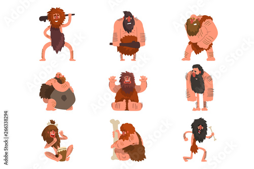 Primitive cavemen set, stone age prehistoric man cartoon character vector Illustrations on a white background