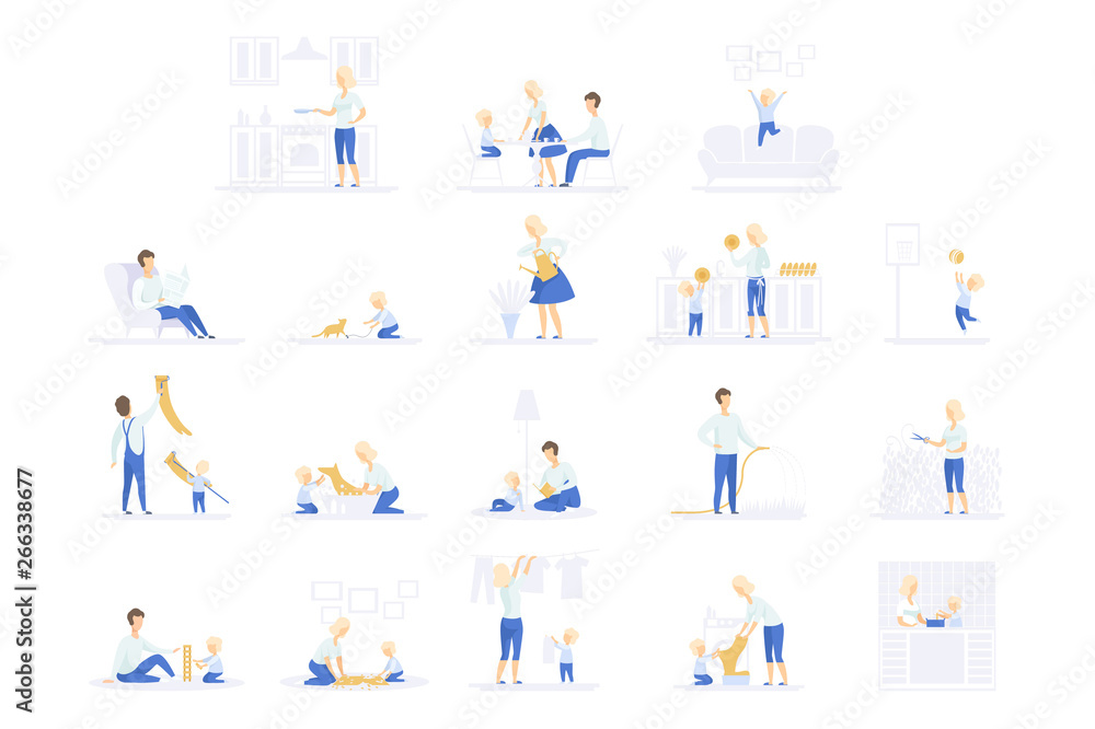 Parents and their kid spending time together and doing homework set, family lifestyle concept vector Illustrations on a white background Parents and their kid spending time together and doing homework set, family lifestyle concept vector Illustrations on a white background
