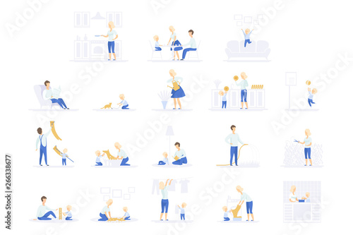 Parents and their kid spending time together and doing homework set, family lifestyle concept vector Illustrations on a white background