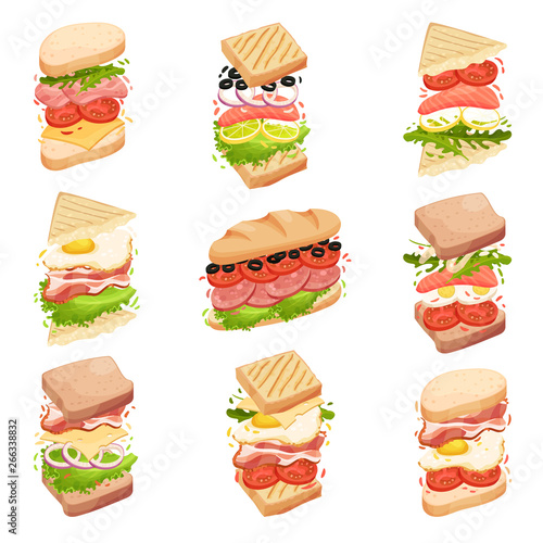 Sandwiches collection. Different forms and composition. Vector illustration.