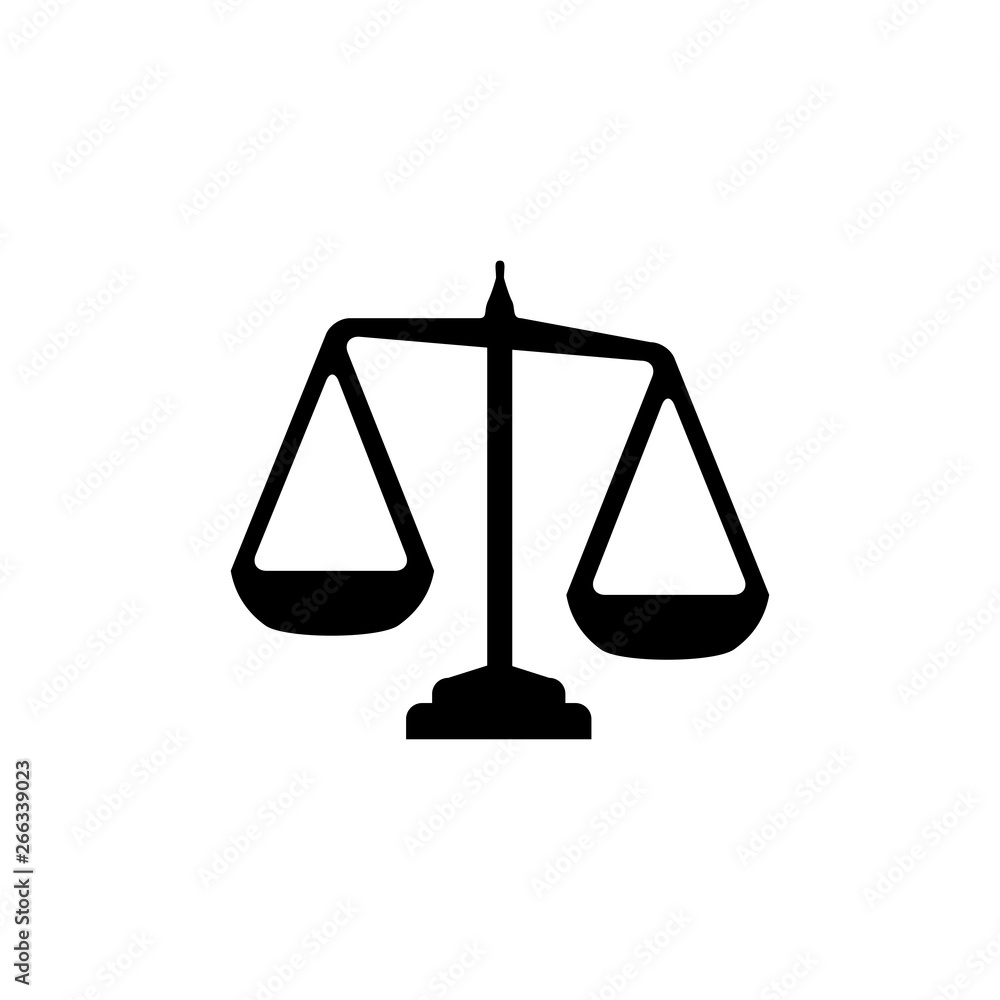 Justice Scales Icon In Flat Style Vector For App, UI, Websites. Black Icon Vector Illustration. Justice Scales Icon In Flat Style Vector For App, UI, Websites. Black Icon Vector Illustration.