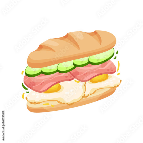 Big sandwich made from halves long loaf. Vector illustration on white background.