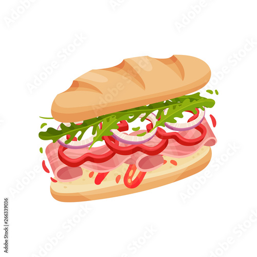 Big sandwich made from halves long loaf with bacon. Vector illustration on white background.