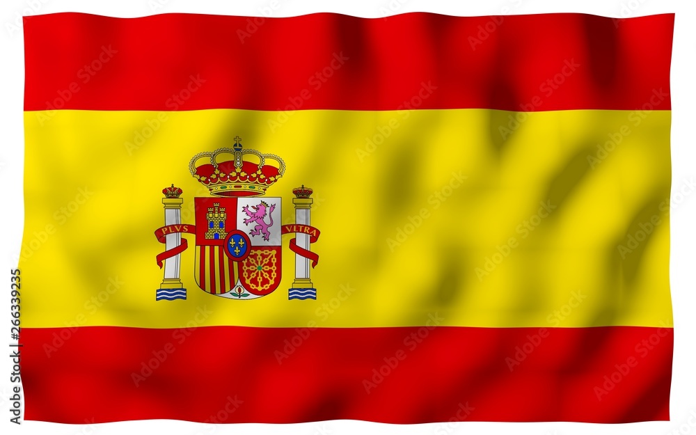 The flag of Spain. Official state symbol of the Kingdom of Spain. Concept: web, sports pages, language courses, travelling, design elements. 3d illustration The flag of Spain. Official state symbol of the Kingdom of Spain. Concept: web, sports pages, language courses, travelling, design elements. 3d illustration