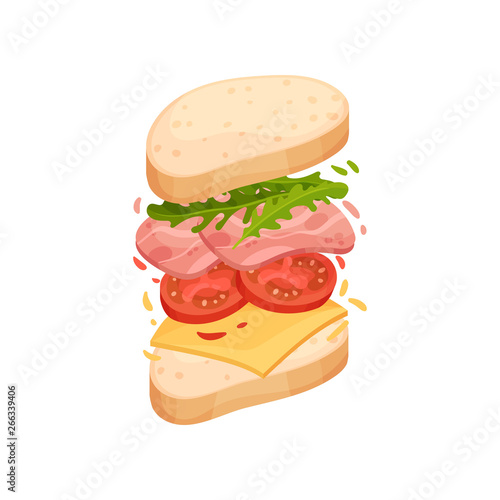 Sandwich on an oval piece of loaf with ham and cheese. Vector illustration on white background.