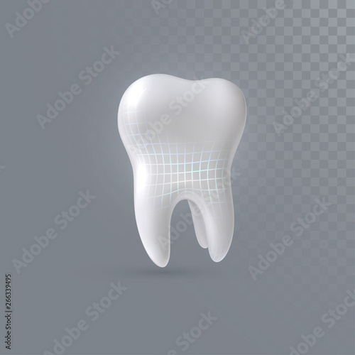 Realistic 3d tooth with shiny wireframe structure isolated on transparent background. Vector dentistry illustration. Medical or healthcare concept. Toothpaste ads poster design element