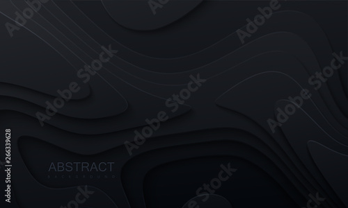 Black paper cut background. Abstract realistic papercut decoration textured with wavy layers. 3d topography relief. Vector topographic illustration. Cover layout template.