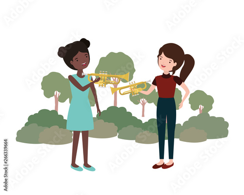 women with musical instruments in landscape