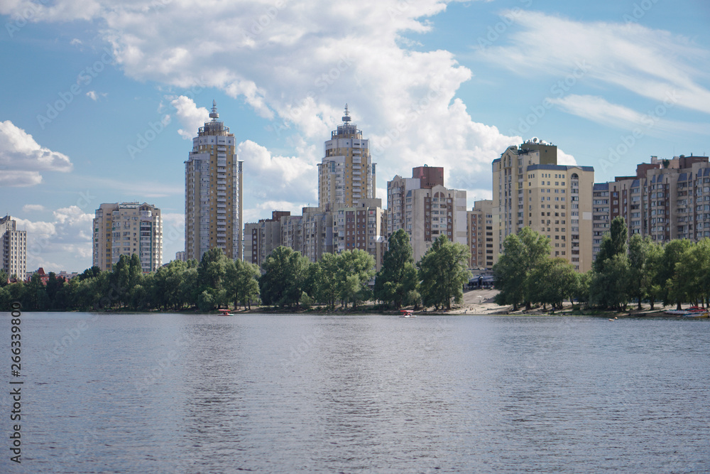 Beautiful city of Kiev in the summer, spring. River Dnieper with a beautiful sky. Stock photo
