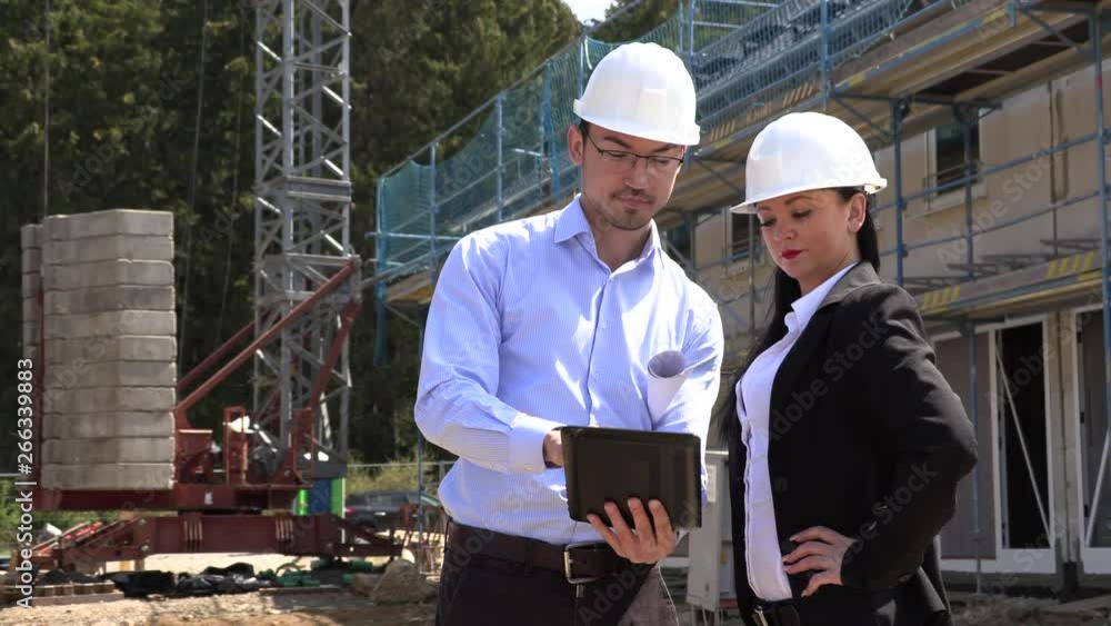 Two architects a man and a woman in construction in white helmets Two architects a man and a woman in construction in white helmets