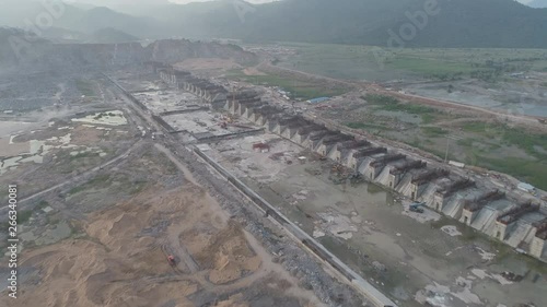 India- Concrete Foundation work of Spillway - Dam is Processing - Polavaram Project Construction Works. This is the Spillway to the Godavari River Right Canal. (aerial photography) photo