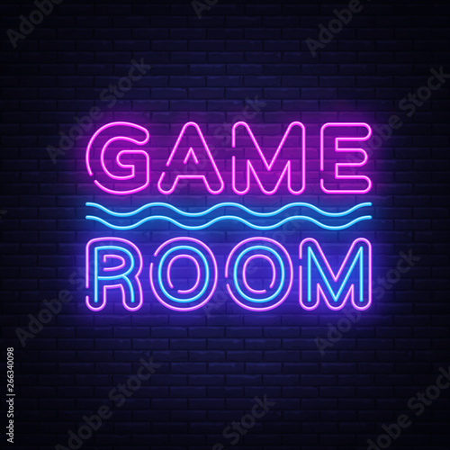 Game Room Neon Text Vector. Gaming neon sign, design template, modern trend design, night signboard, night bright advertising, light banner, light art. Vector illustration