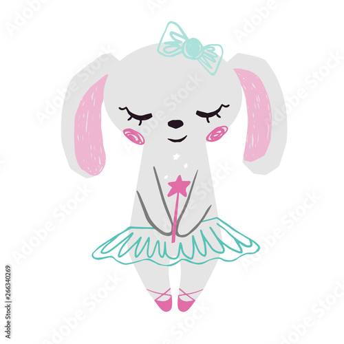 Bunny baby girl cute print. Sweet rabbit with magic wand, bow, ballet tutu, pointe shoes. © Vasileva