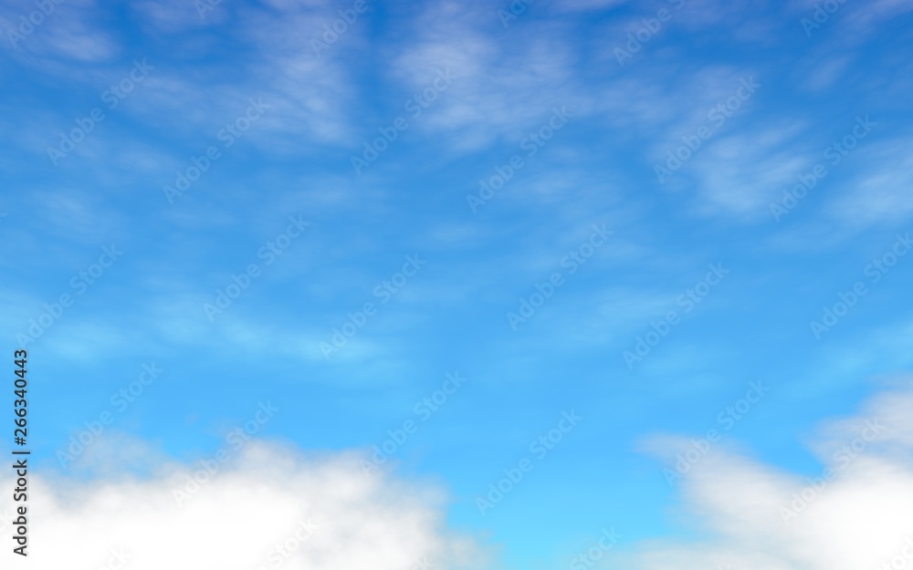 Blue sky background with white clouds. Cumulus white clouds in the clear blue sky in the morning. 3D illustration Blue sky background with white clouds. Cumulus white clouds in the clear blue sky in the morning. 3D illustration