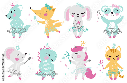 Animal baby girl cute print. Unicorn, bunny, fox, wolf, panda, mouse, cat, kitten, dinosaur with magic wand, bow, ballet tutu, pointe.