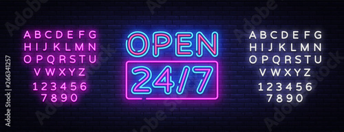 24 7 Neon Sinboard Vector. Open all day neon sign, design template, modern trend design, night signboard, night bright advertising, light banner, light art. Vector. Editing text neon sign