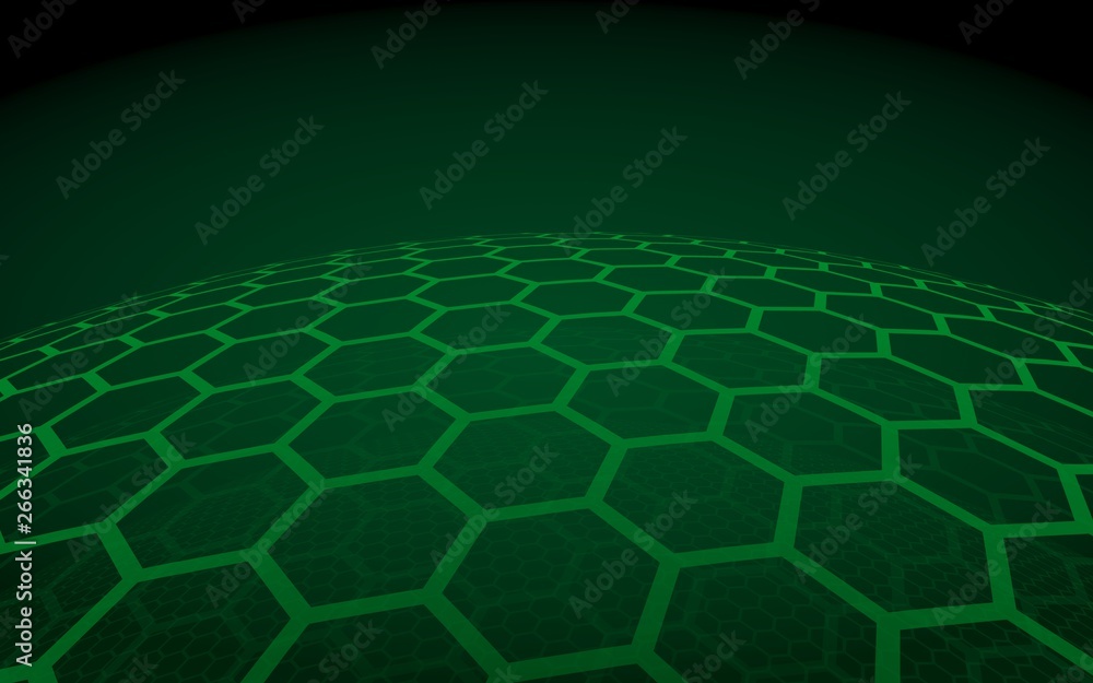 Multilayer sphere of honeycombs, green on a dark background, social network, computer network, technology, global network. 3D illustration Multilayer sphere of honeycombs, green on a dark background, social network, computer network, technology, global network. 3D illustration