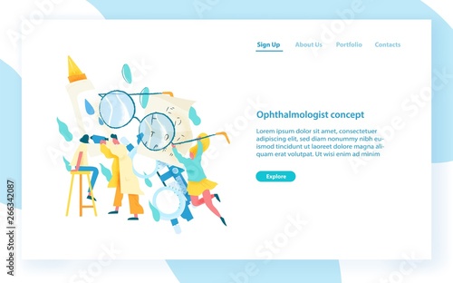 Website template with ophthalmologist examining eyes of female patient. Visual acuity check, ophthalmology service, medical diagnostics. Modern flat vector illustration for internet advertisement.