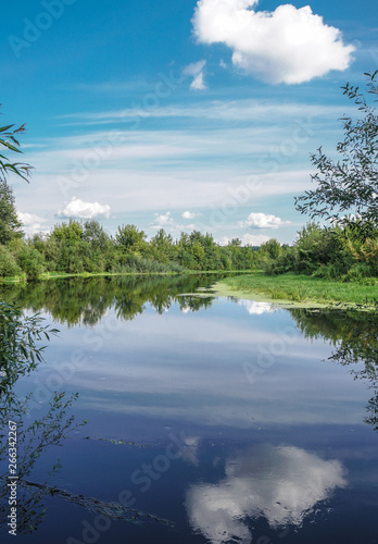 Fototapeta Naklejka Na Ścianę i Meble -  Beautiful summer landscape with pretty river and colorful trees. View of the sky with beautiful clouds. Stock photo