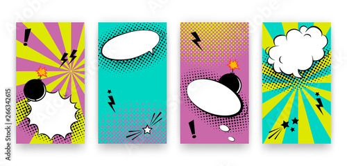 Vector trendy editable set of templates for social media networks stories. Modern design backgrounds for flyers, cards, posters. Trendy comics pop art style