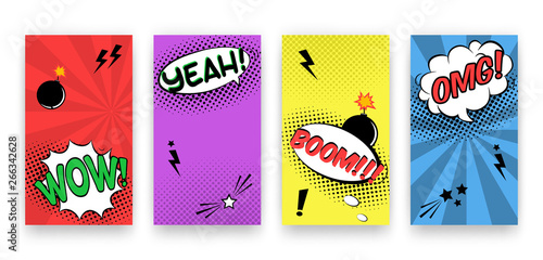 Vector trendy editable set of templates for social media networks stories. Modern design backgrounds for flyers, cards, posters. Trendy comics pop art style