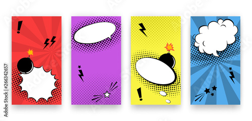 Vector trendy editable set of templates for social media networks stories. Modern design backgrounds for flyers, cards, posters. Trendy comics pop art style